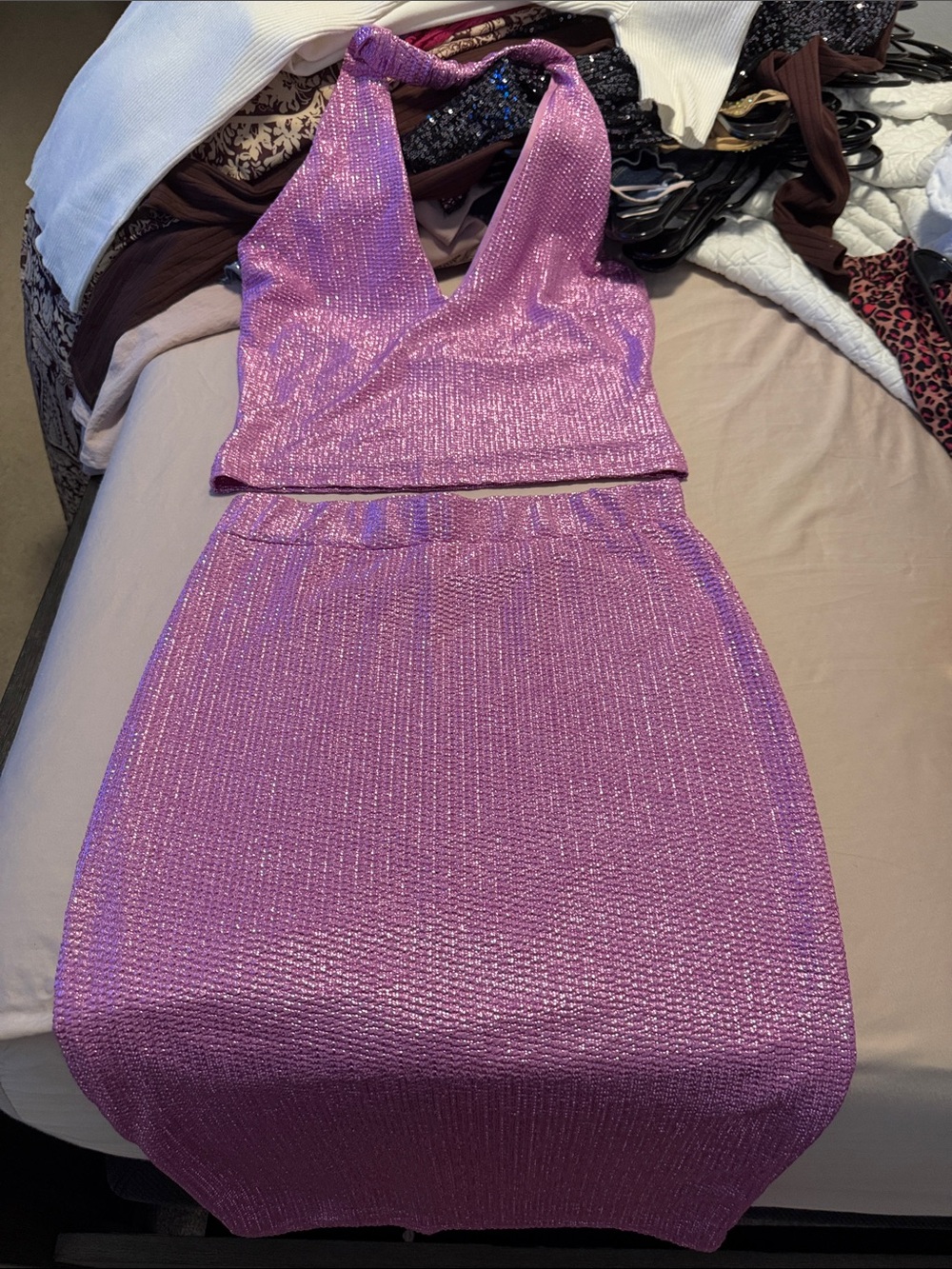 Fashion Nova Lilac Pink Shimmer Halter Midi Dress Set